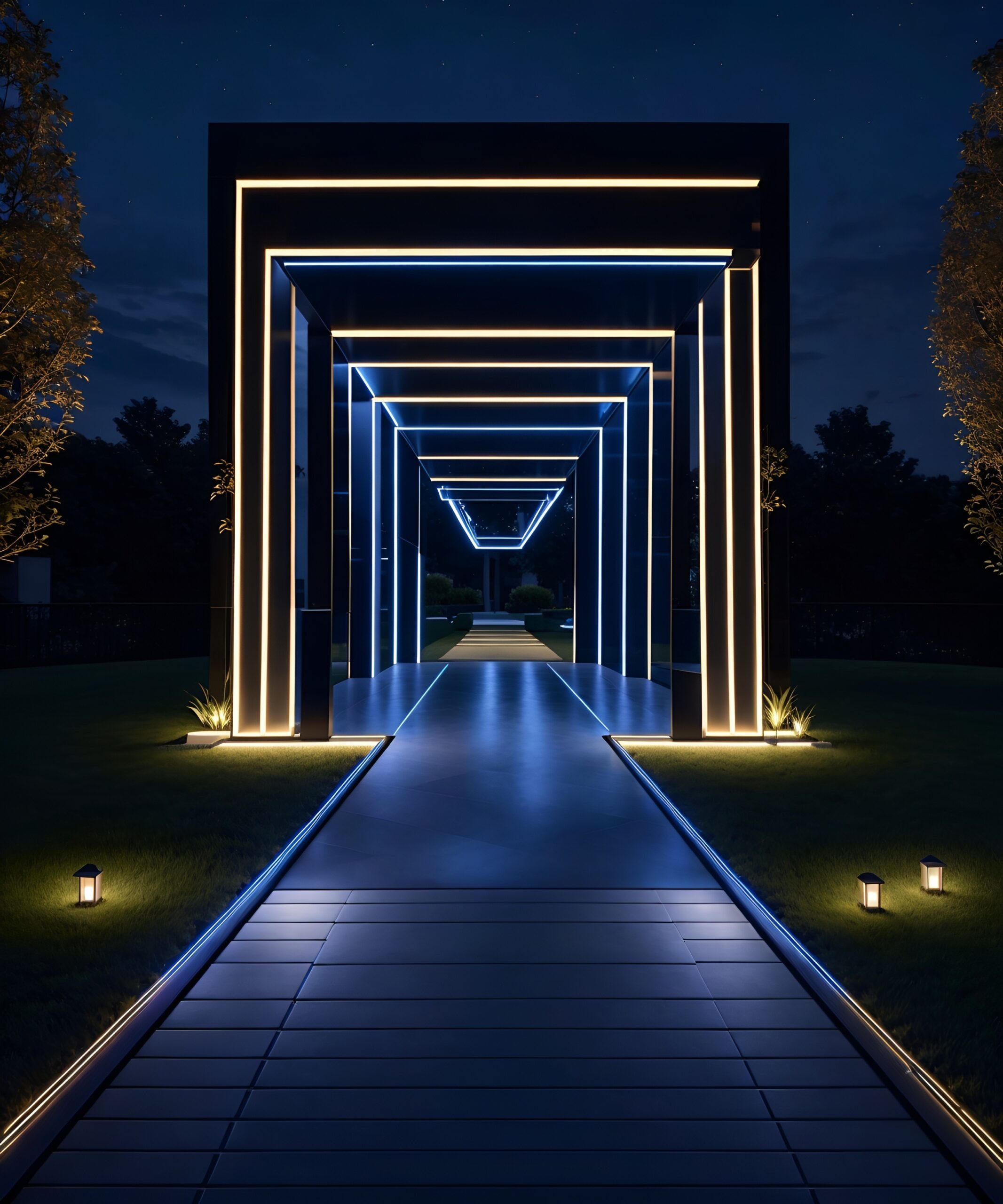 illuminated pathway at night with colorful LED and neon lights